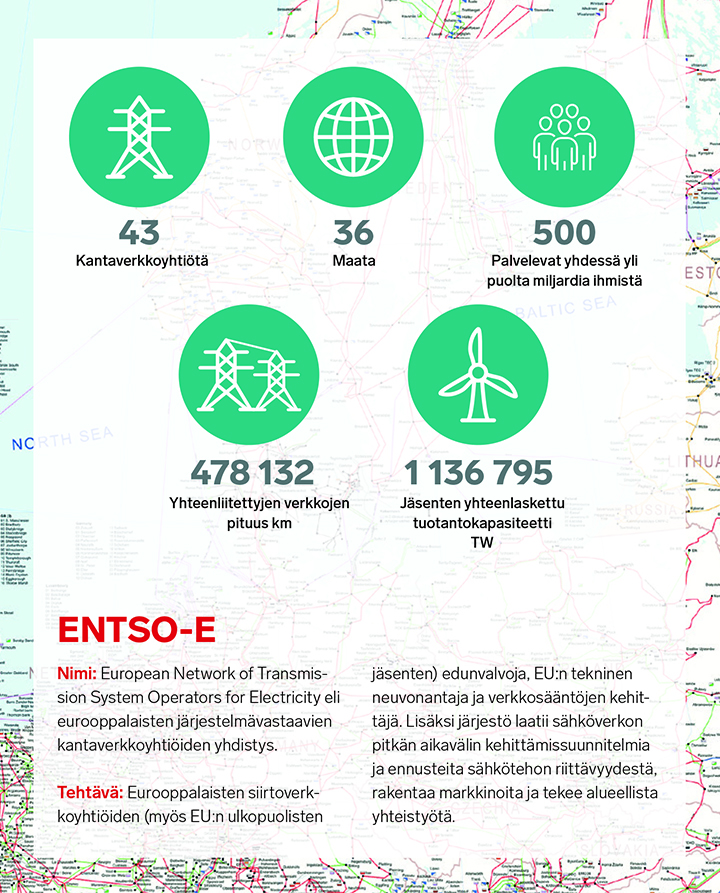 ENTSO-E = European Network of Transmission System Operators for Electricity eli eurooppalaisten järjestelmävastaavien kantaverkkoyhtiöiden yhdistys. Sen tehtävänä on olla Eurooppalaisten siirtoverkkoyhtiöiden (myös EU:n ulkopuolisten jäsenten) edunvalvoja, EU:n tekninen neuvonantaja ja verkkosääntöjen kehittäjä. 