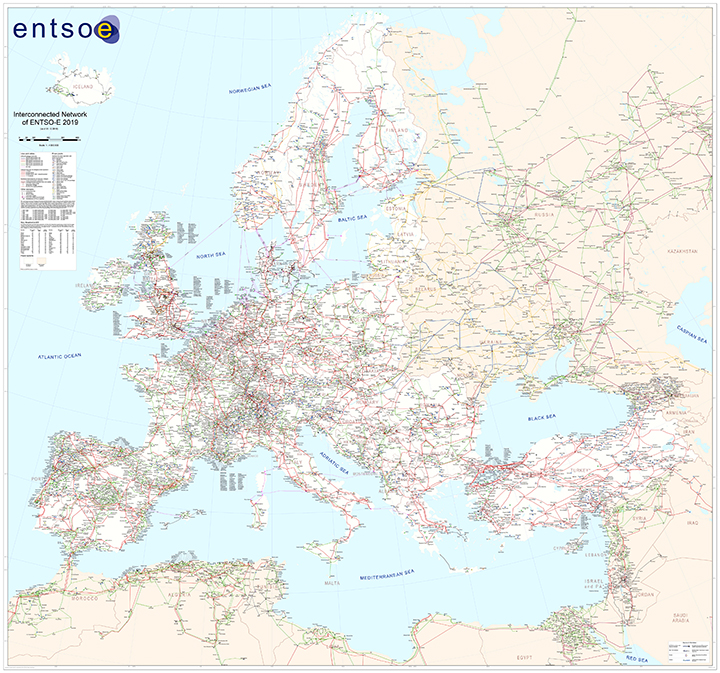 Map of Europe, showing ENTSO-E's 43 TSOs in 36 countries.